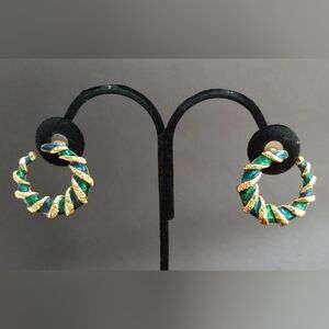 Vintage 90s blue green gold ENAMEL TWIST HOOPS earrings pierced Statement chic